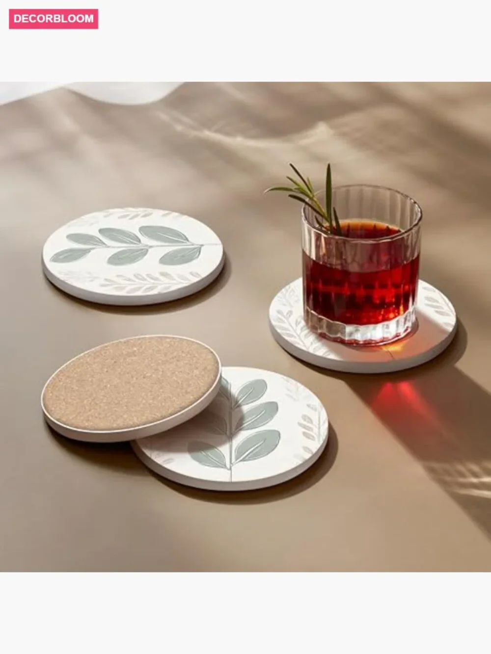Set of 6 Absorbent Ceramic Stone Coasters with Non-Slip Cork Backing and Metal